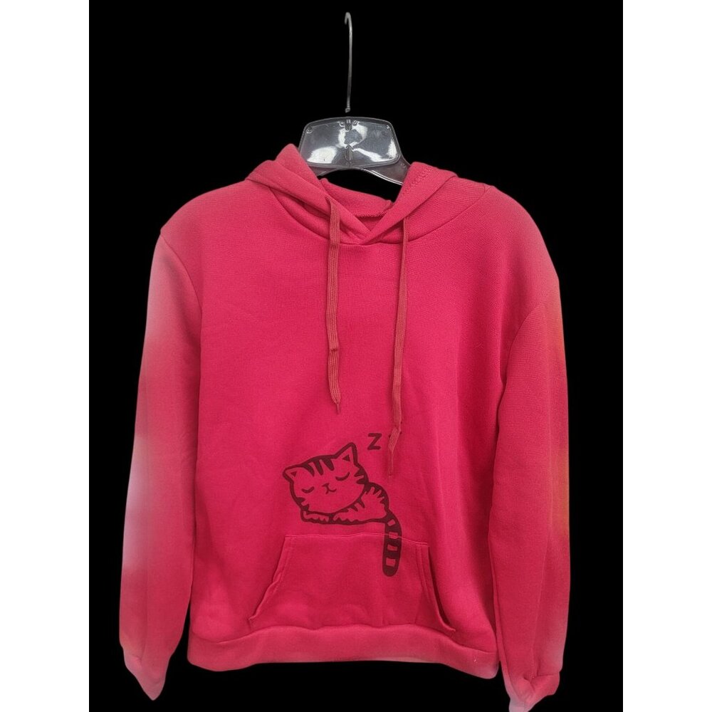 Cozy Red Hoodie With Sleeping Cat Print & Front Pocket